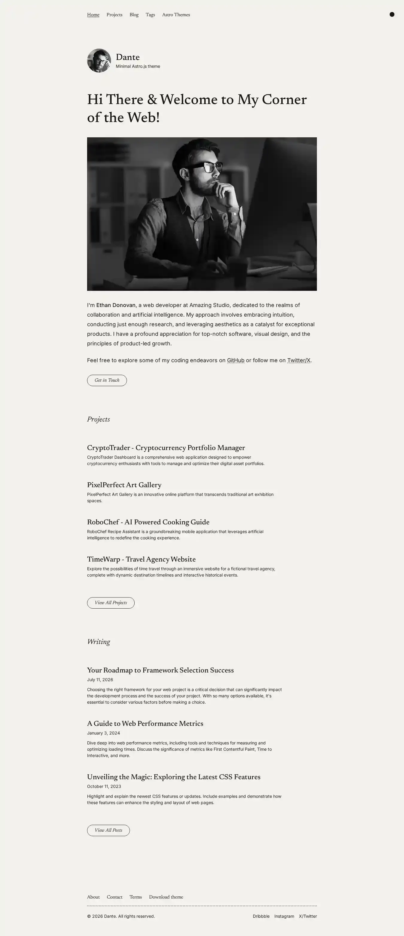 Dante home page on desktop