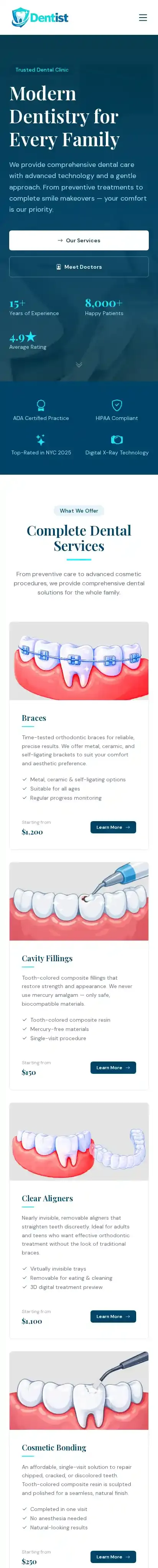 Dentist home page on mobile
