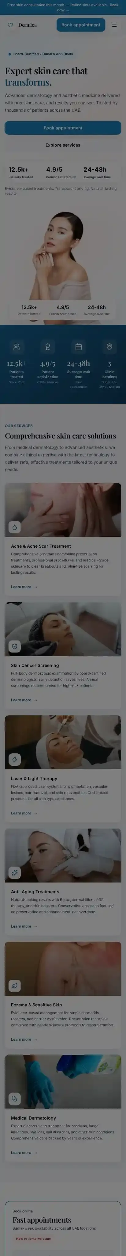 Dermica home page on mobile