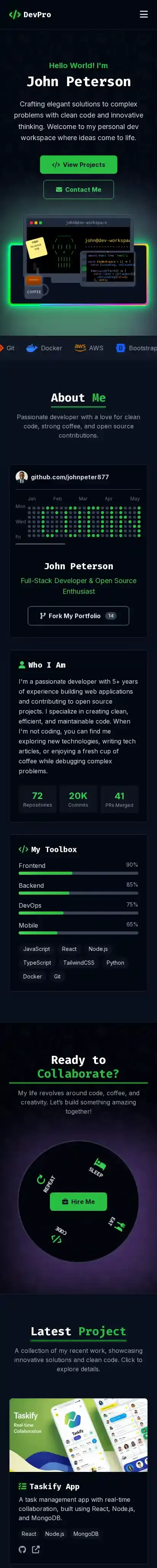 Devpro home page on mobile