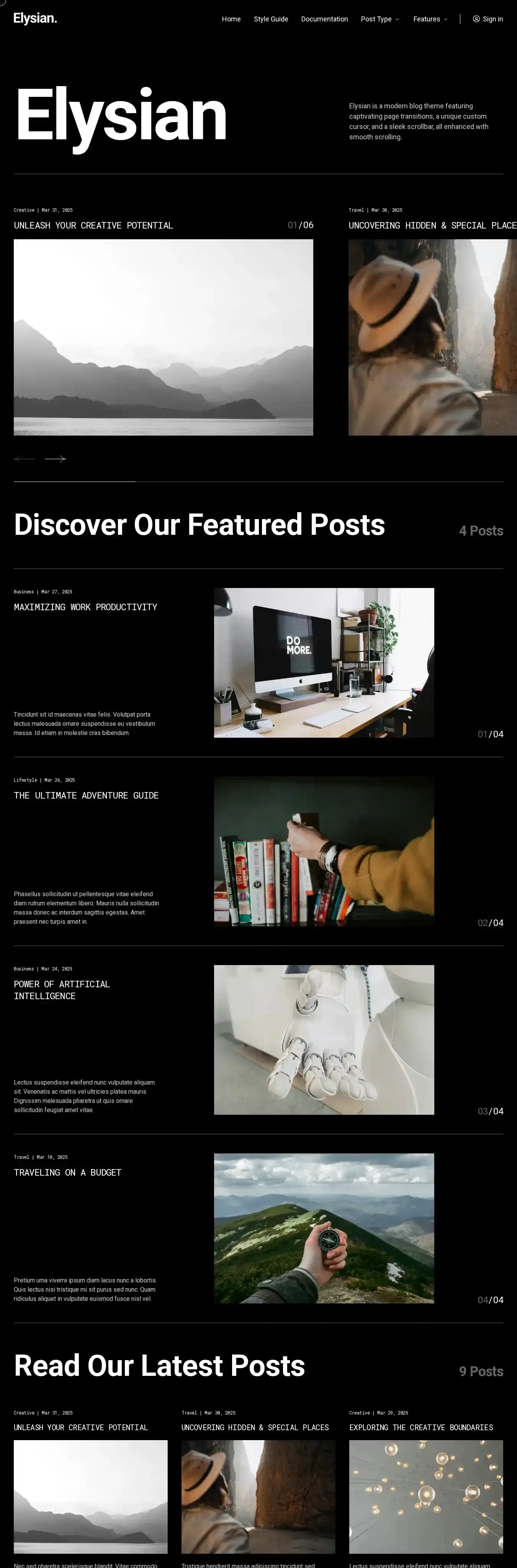 Elysian home page on desktop
