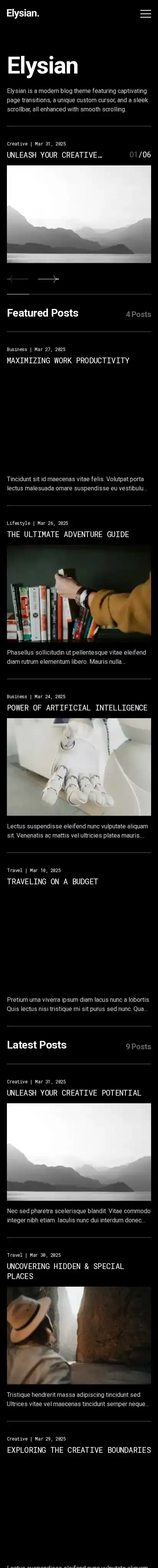 Elysian home page on mobile