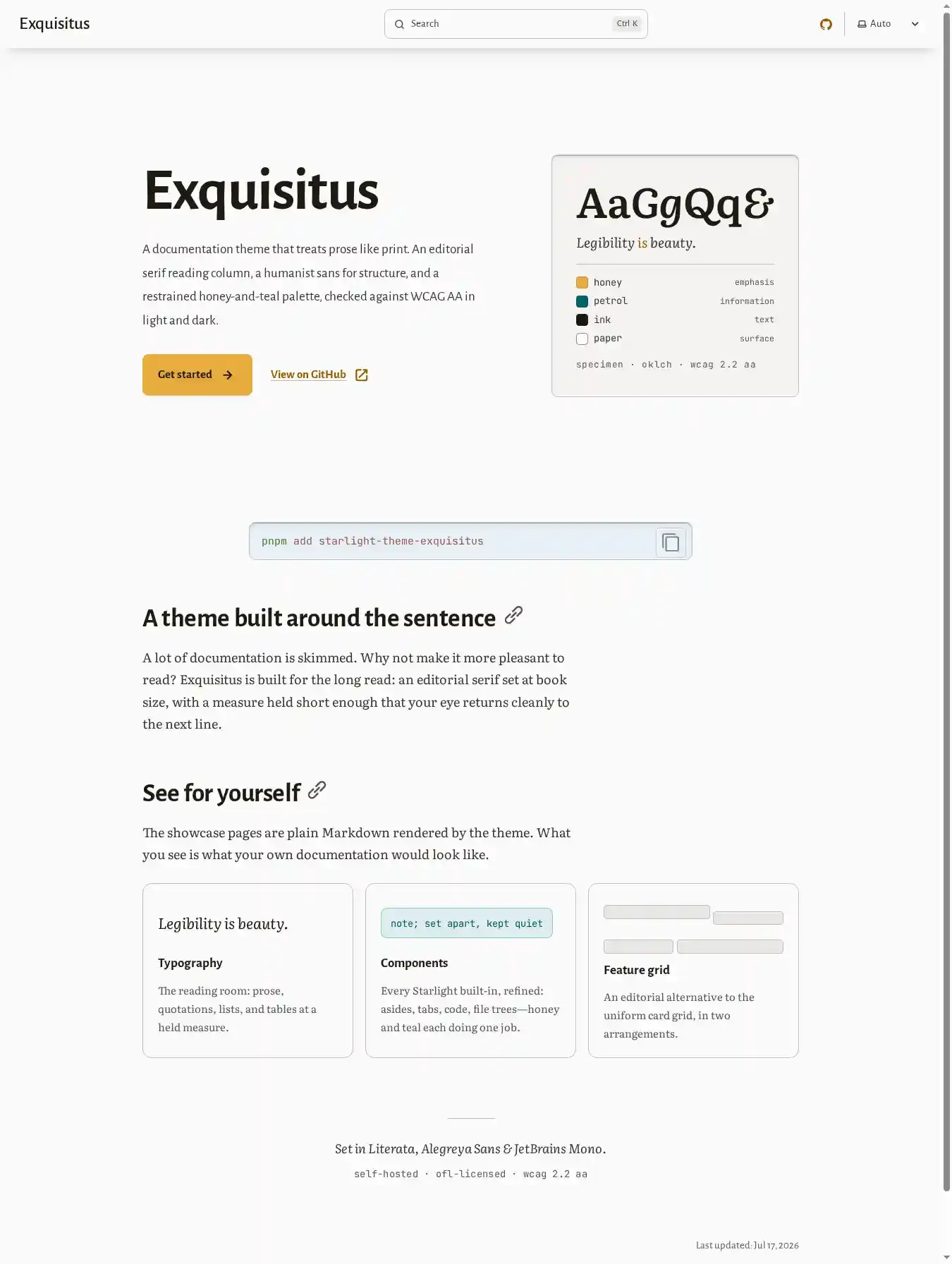 Exquisitus for Starlight home page on desktop