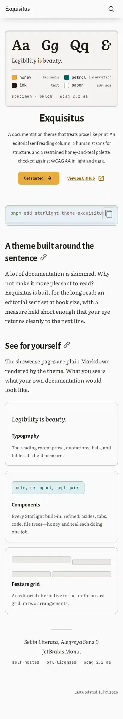 Exquisitus for Starlight home page on mobile