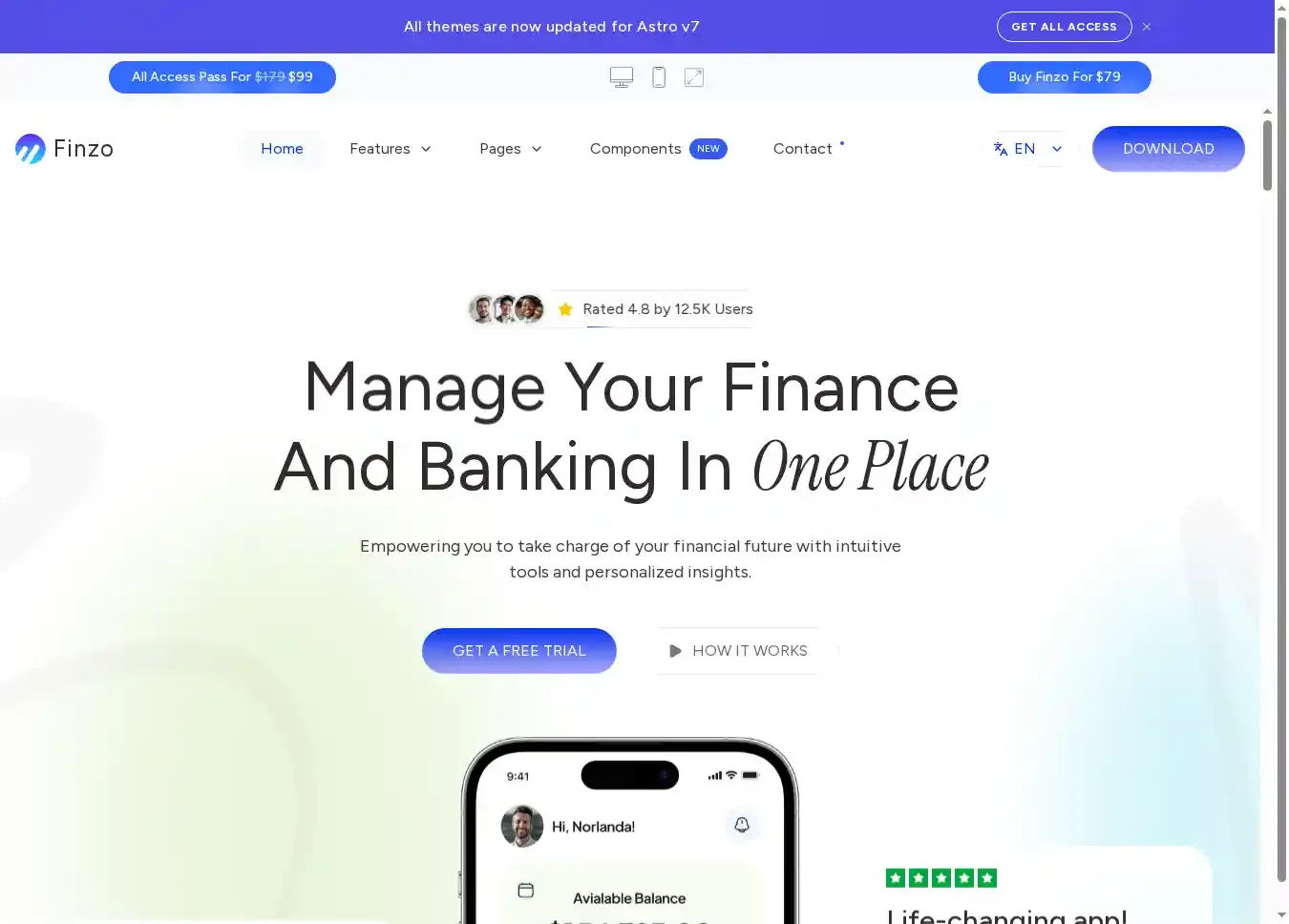 Finzo home page on desktop