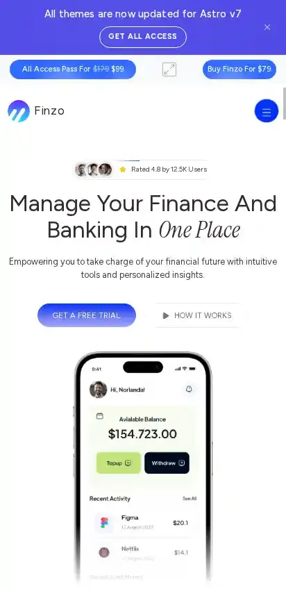 Finzo home page on mobile