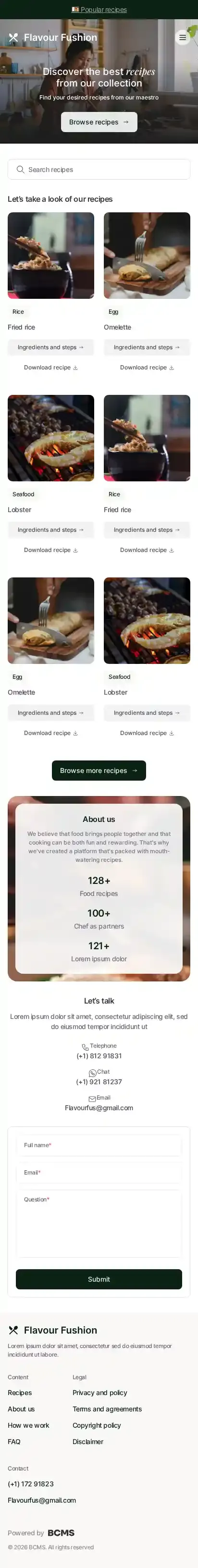 Flavour Fushion - recipes website home page on mobile