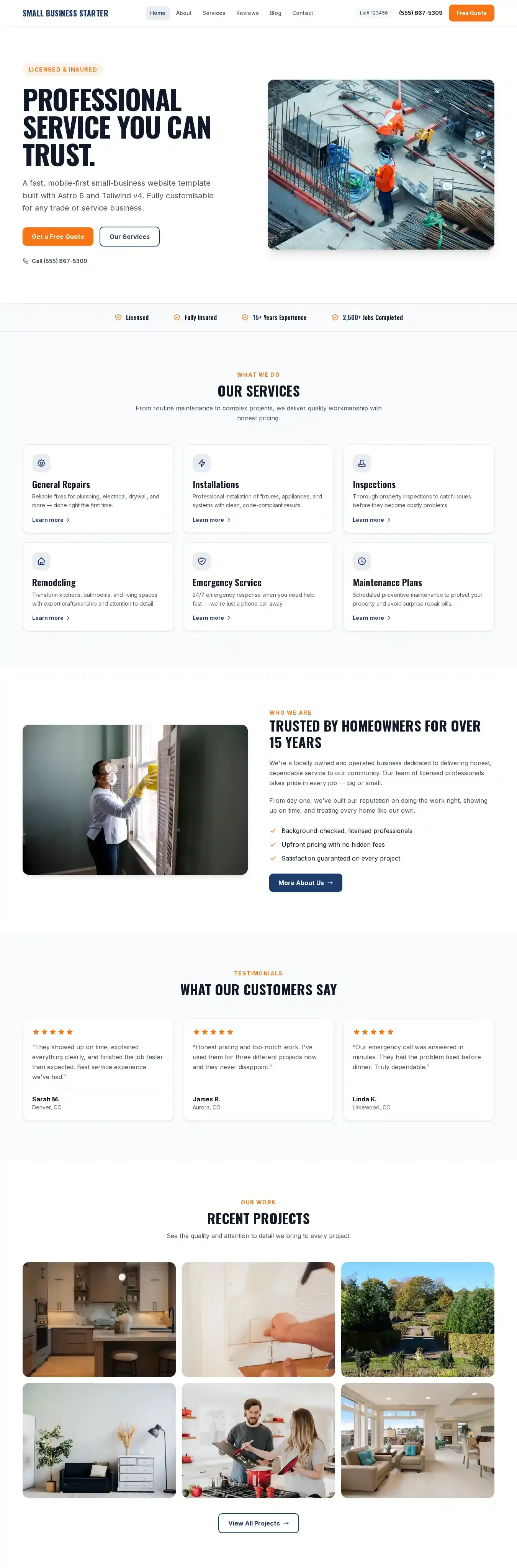 free small business starter home page on desktop