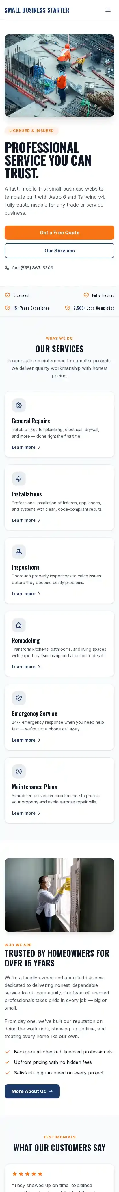 free small business starter home page on mobile