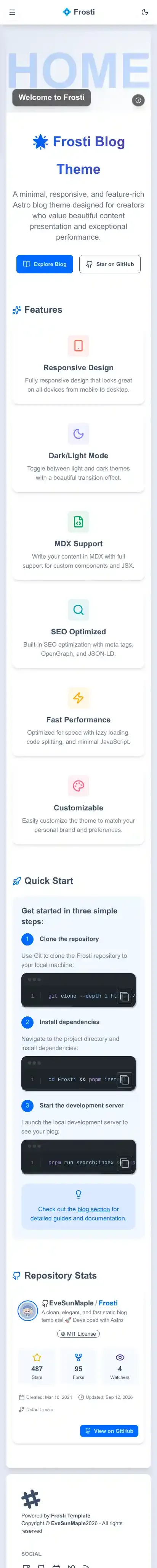 Frosti home page on mobile
