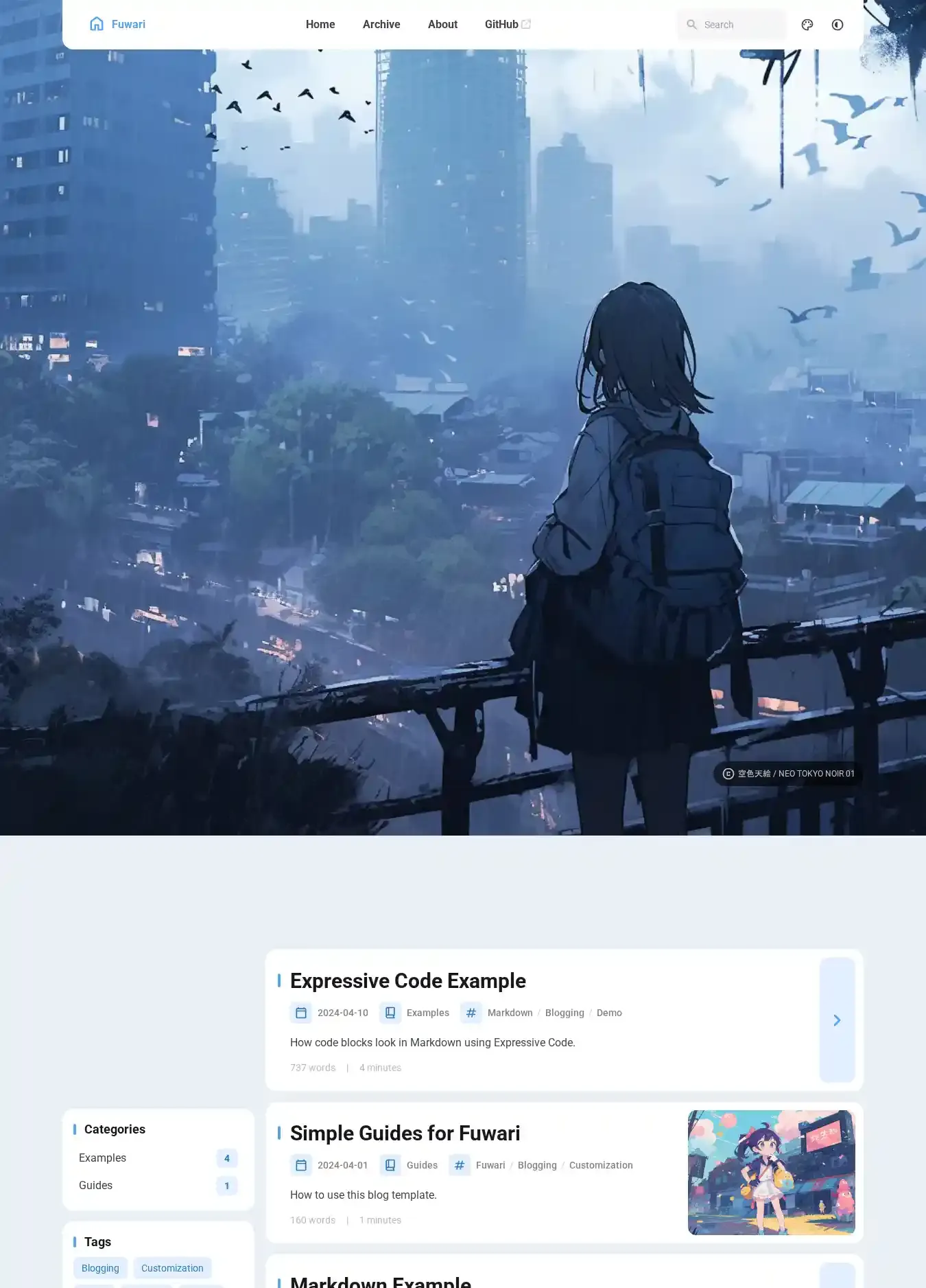 Fuwari home page on desktop