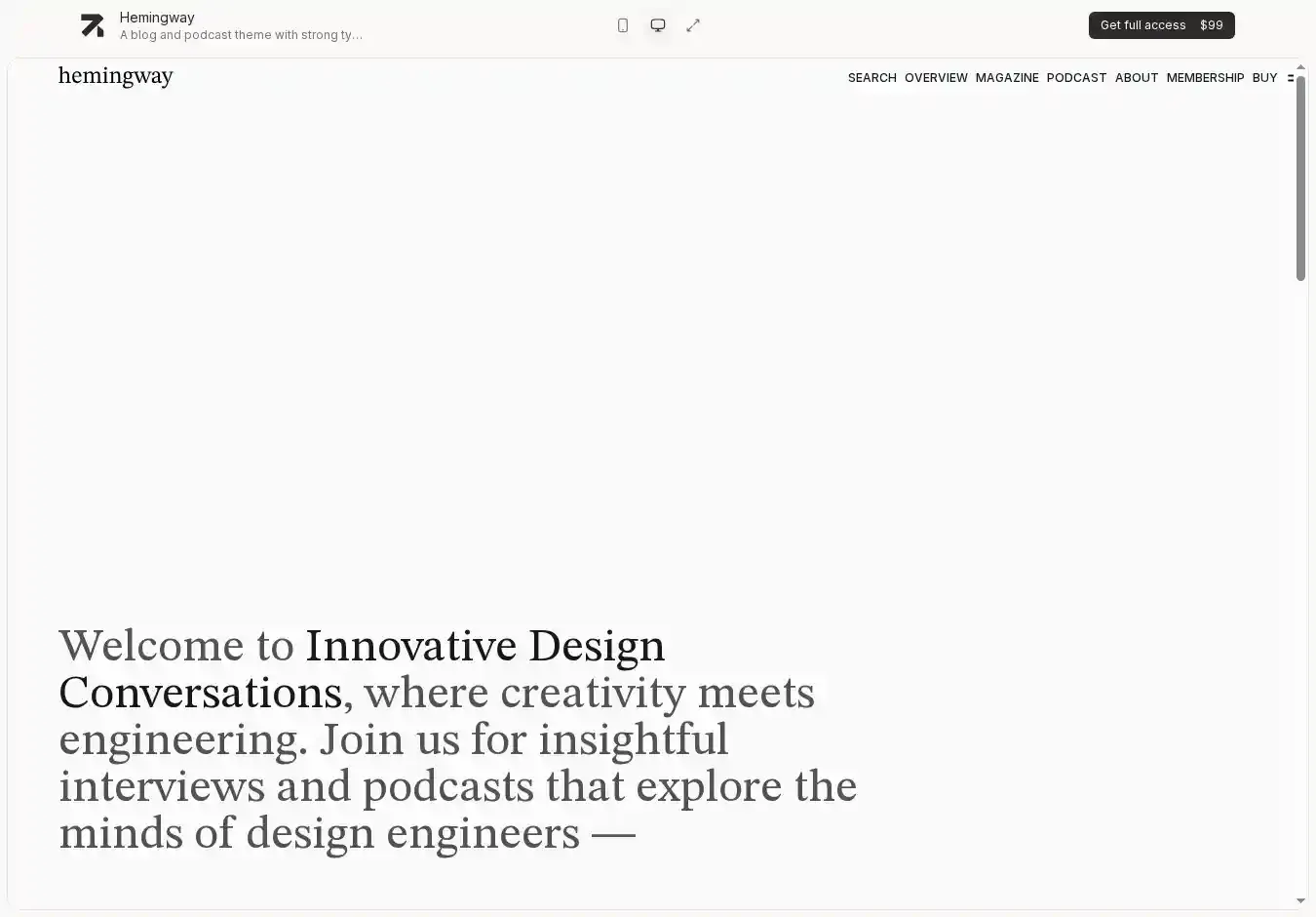Hemingway - Astro & EmDash CMS home page on desktop