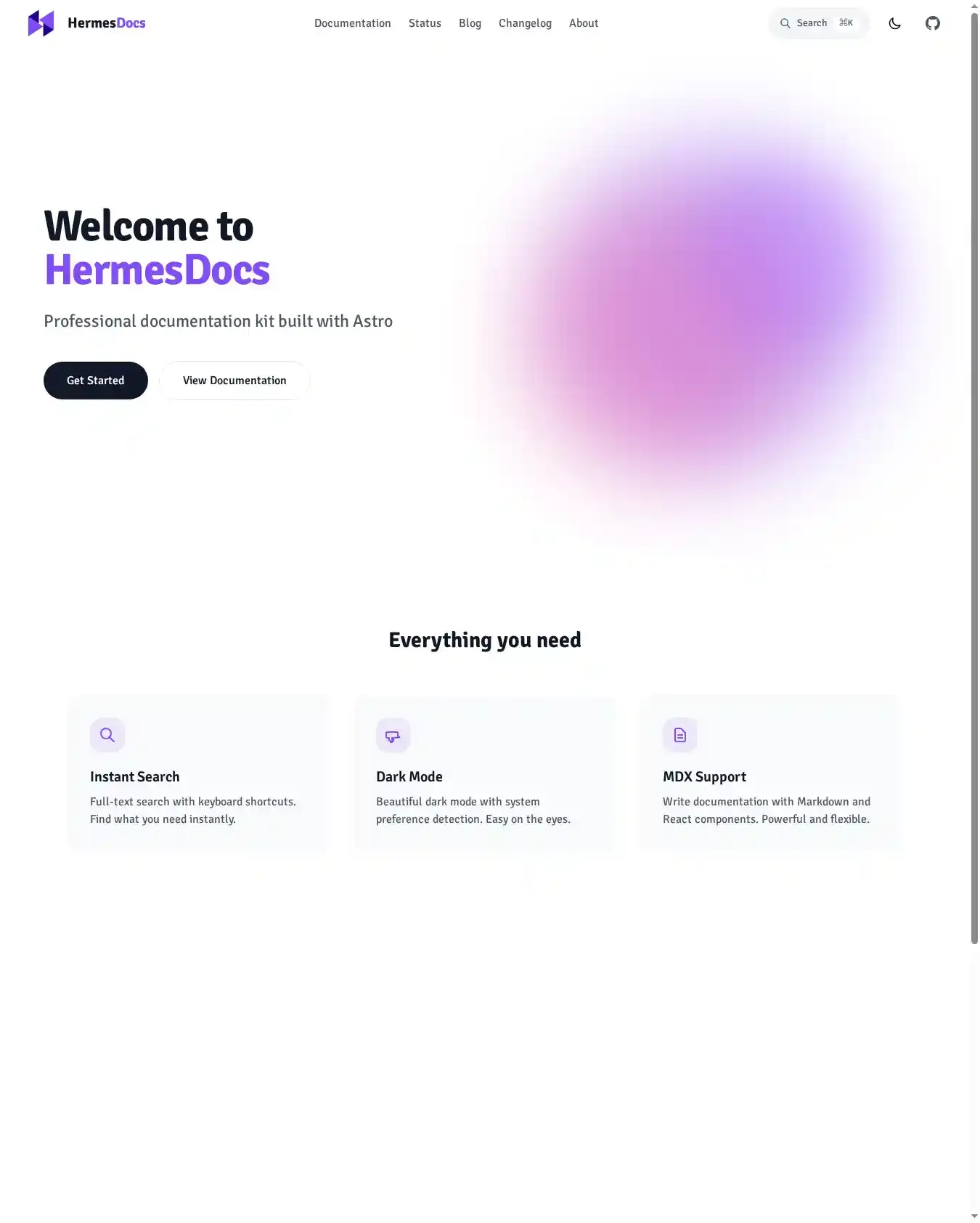 HermesDocs Professional Documentation Kit for Astro home page on desktop