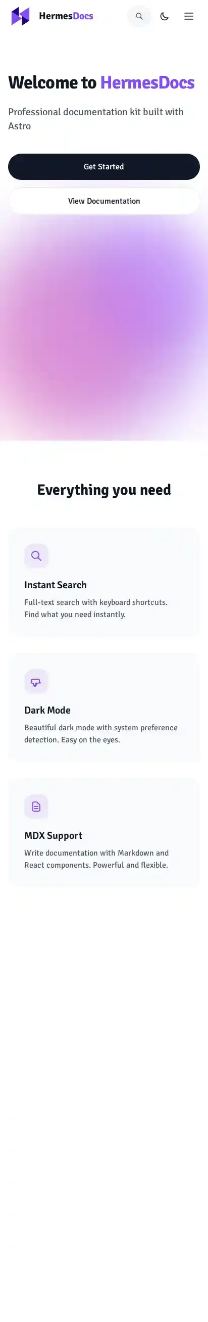 HermesDocs Professional Documentation Kit for Astro home page on mobile