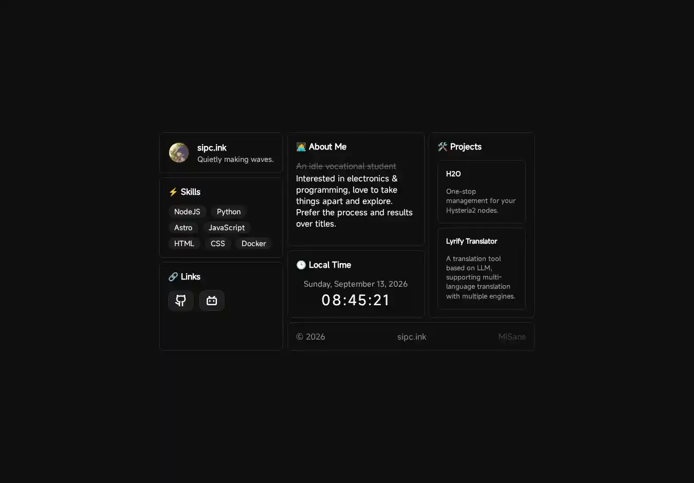 ink personal website home page on desktop
