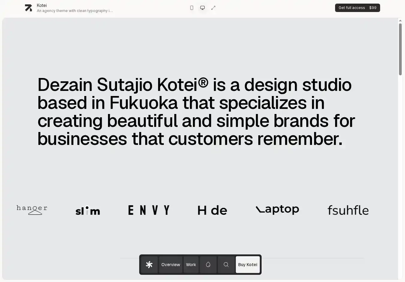 Kotei home page on desktop