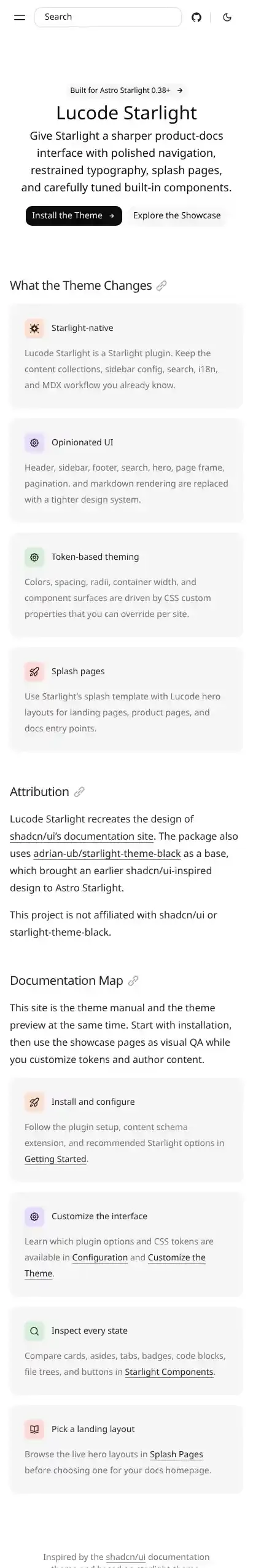 Lucode Starlight home page on mobile
