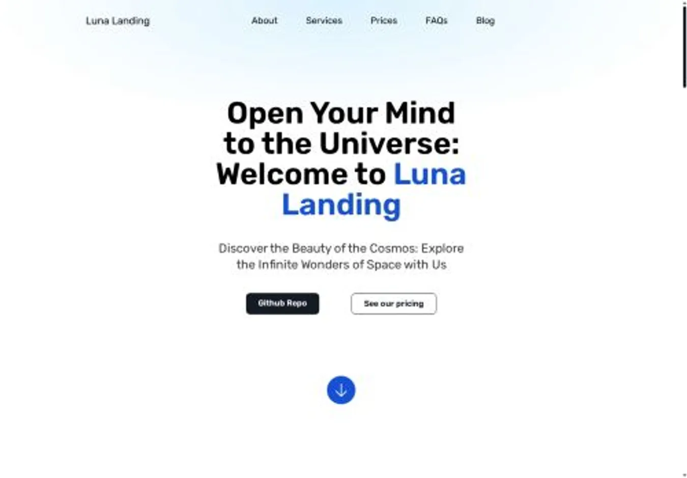 Luna Landing home page on desktop