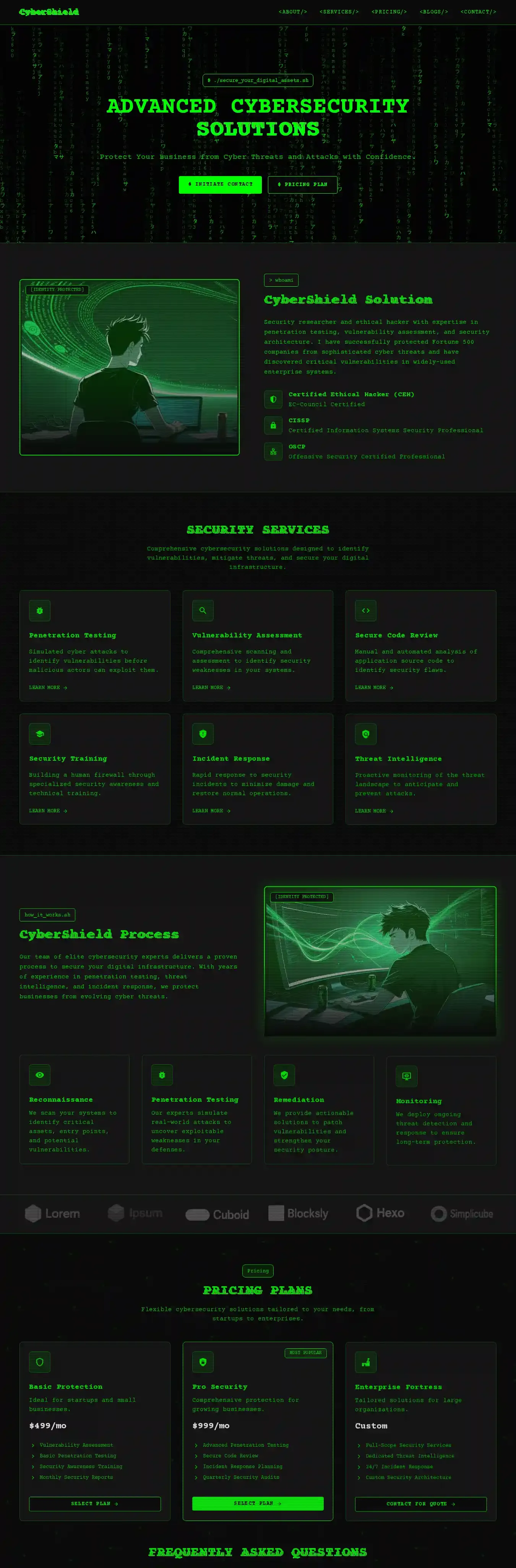Matrix - Landing Page for Cybersecurity home page on desktop