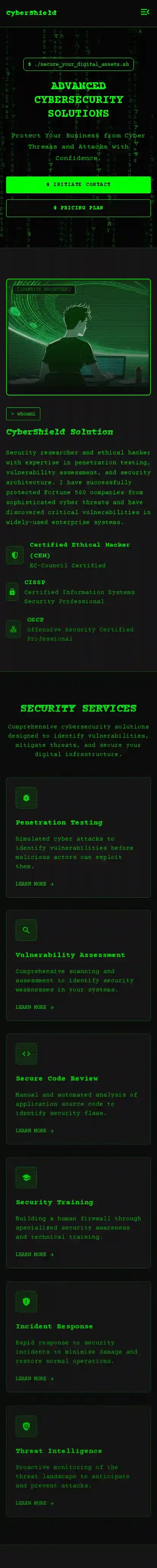Matrix - Landing Page for Cybersecurity home page on mobile