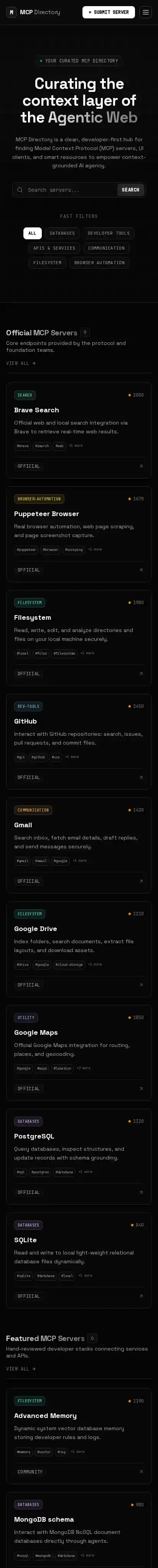 MCP Directory home page on mobile