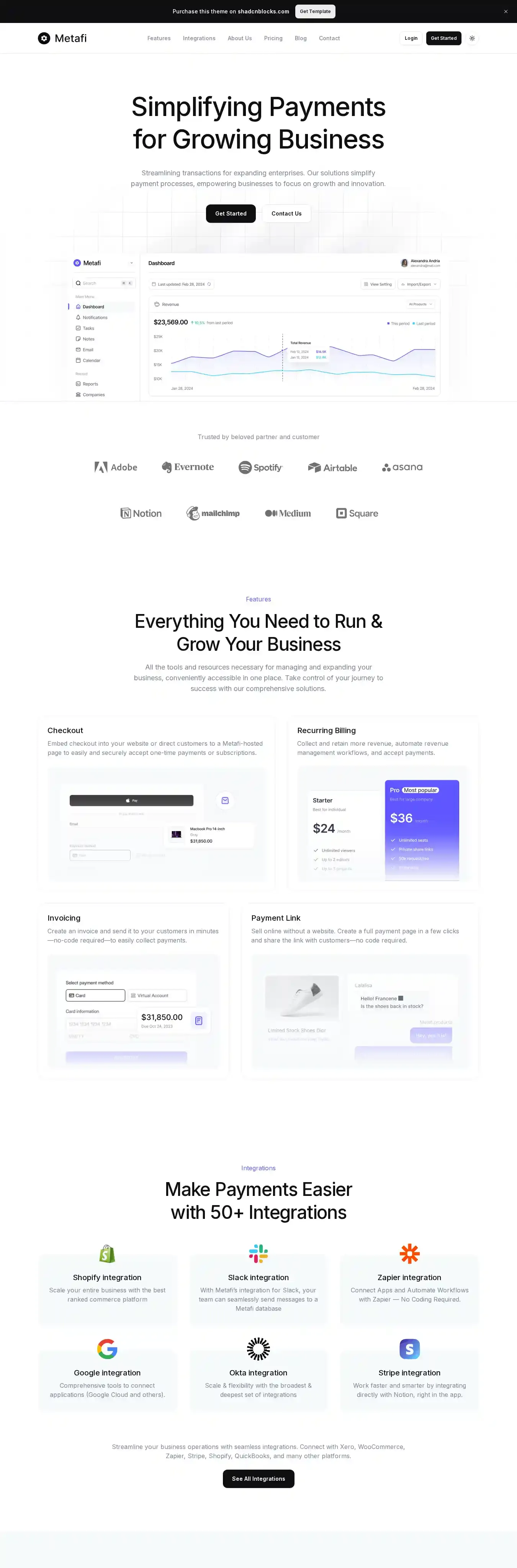 Metafi home page on desktop