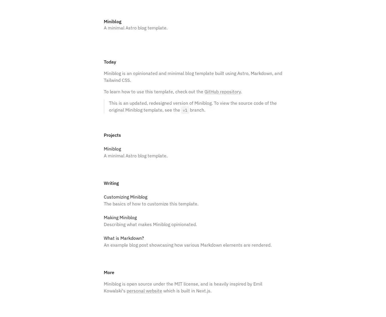 Miniblog home page on desktop