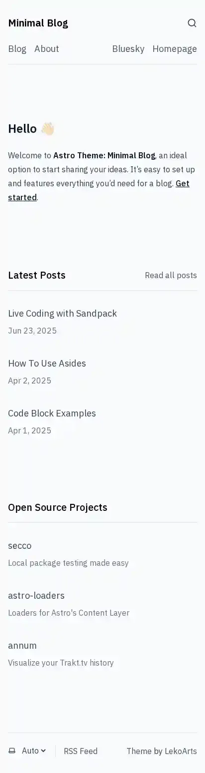 Minimal Blog home page on mobile