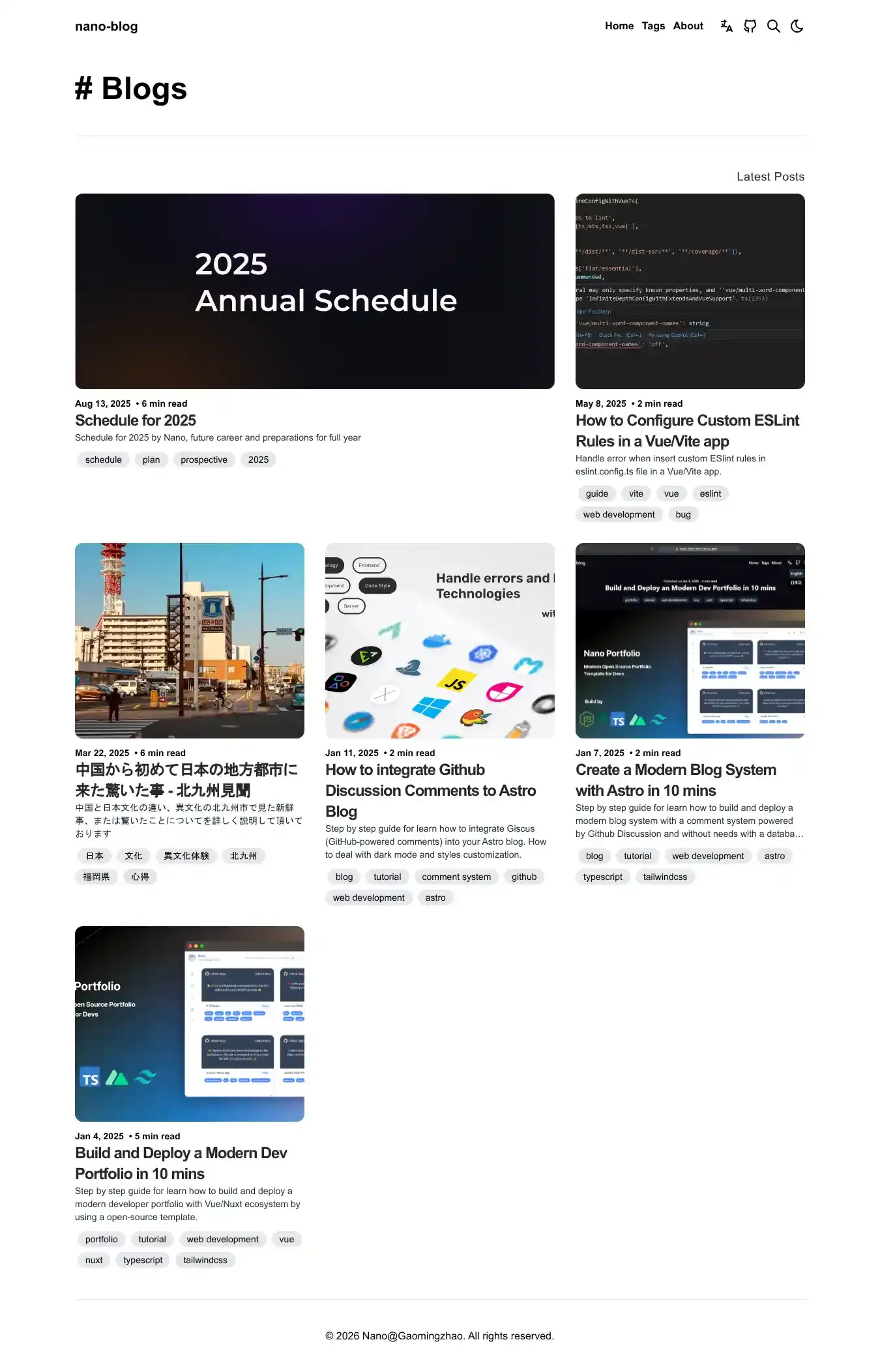 Minimal style modern Blog System - Nano Blog home page on desktop