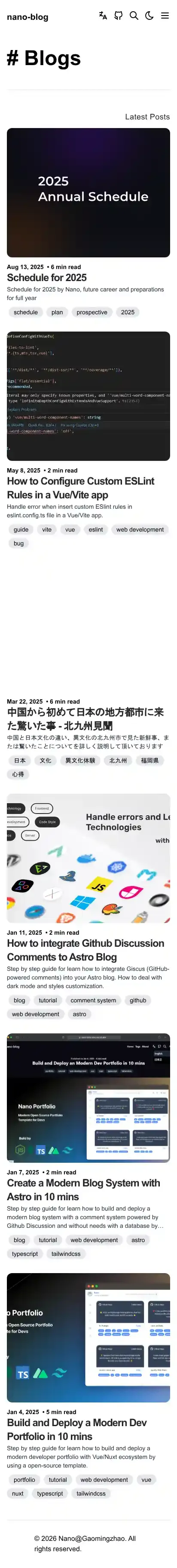Minimal style modern Blog System - Nano Blog home page on mobile