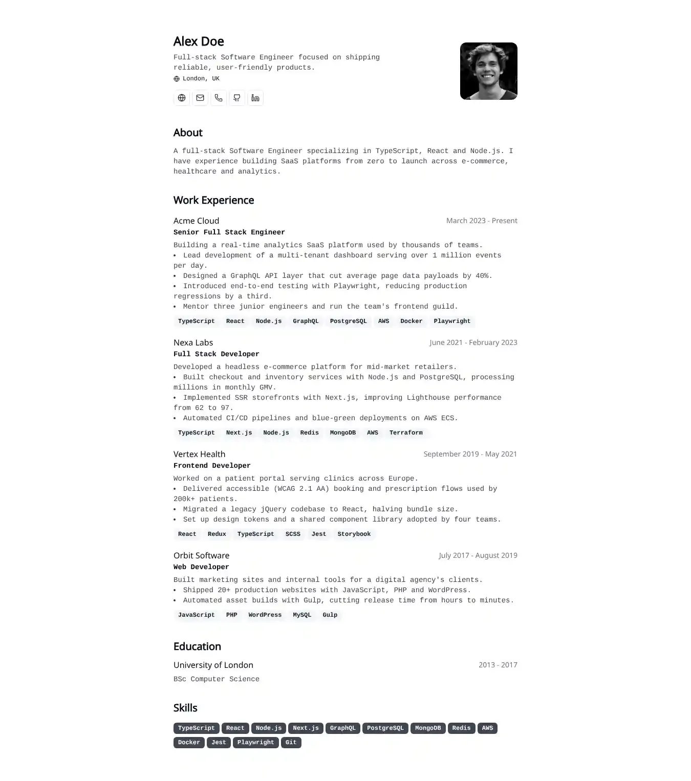 Minimalist CV home page on desktop