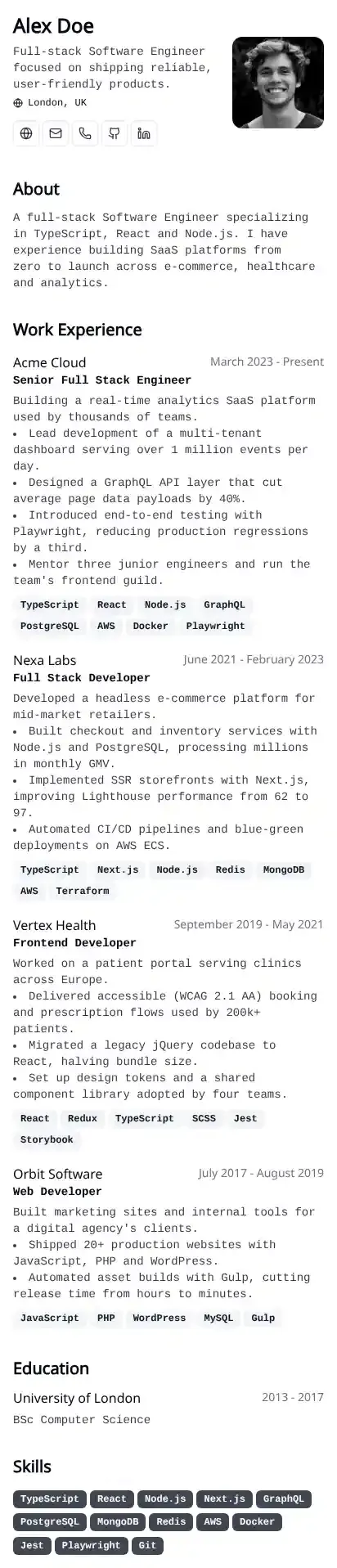 Minimalist CV home page on mobile