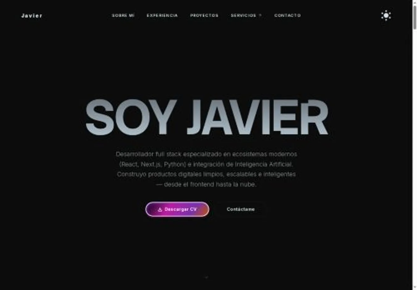 Minimalist Litght & Dark Theme Portfolio home page on desktop