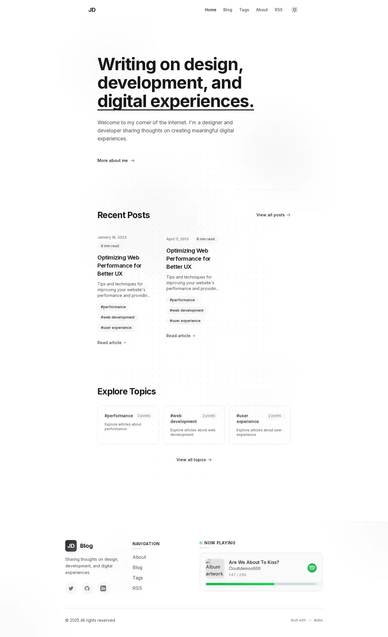 Minimalistic Astro Blog home page on desktop