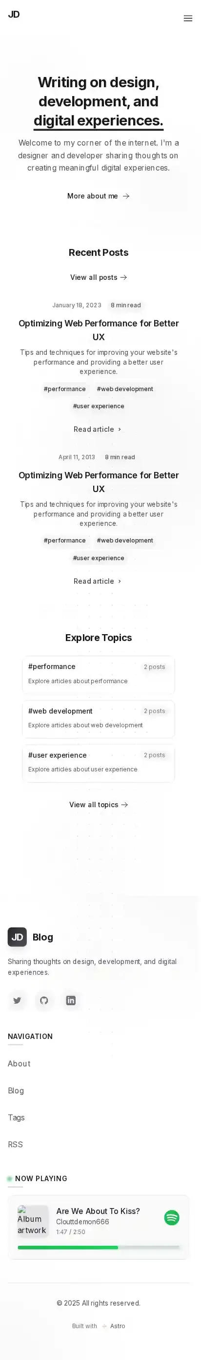Minimalistic Astro Blog home page on mobile