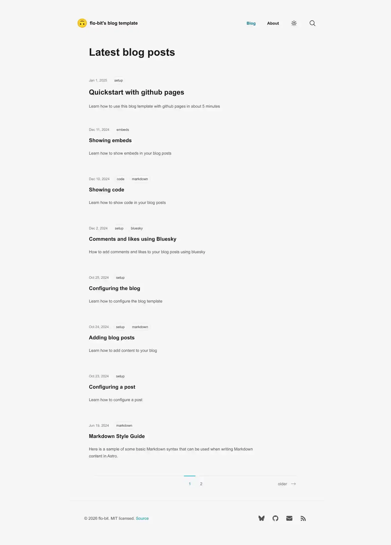 minimalistic blog home page on desktop
