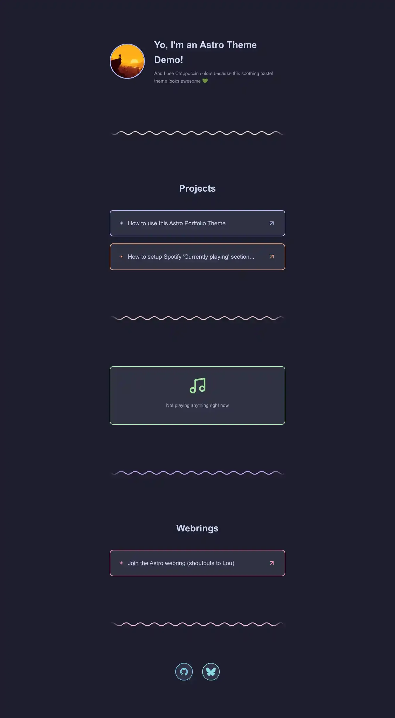 Minimalistic Catppuccin Portfolio home page on desktop