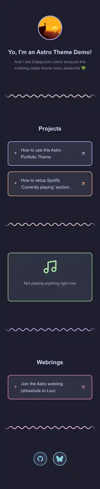 Minimalistic Catppuccin Portfolio home page on mobile