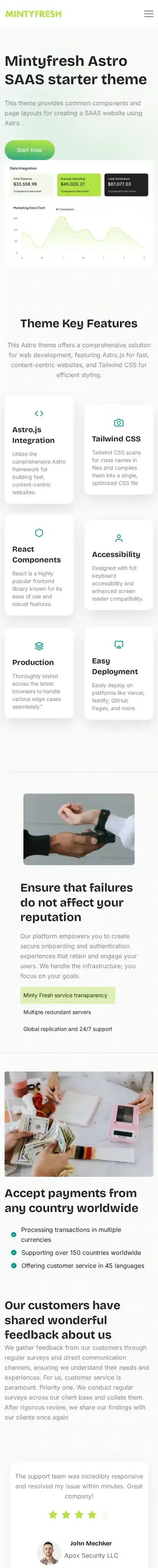 Minty Fresh SaaS home page on mobile