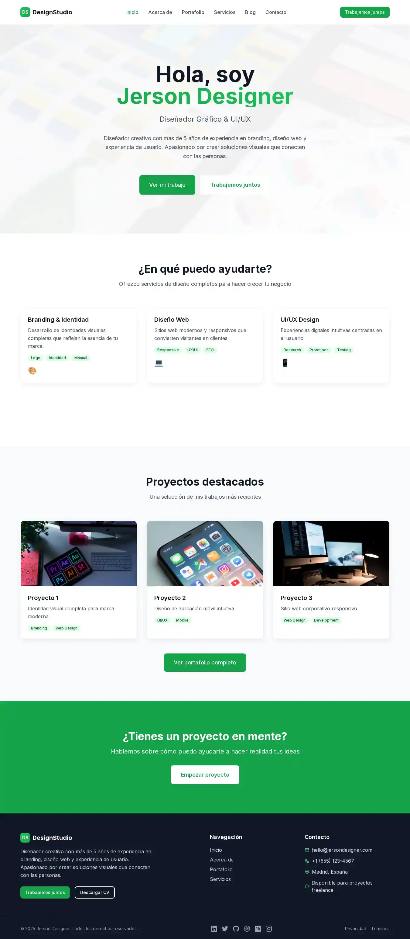 Modern template for graphic and UI/UX designer portfolios home page on desktop