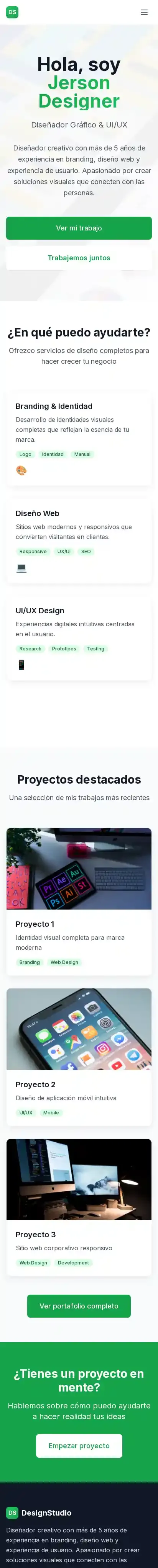 Modern template for graphic and UI/UX designer portfolios home page on mobile