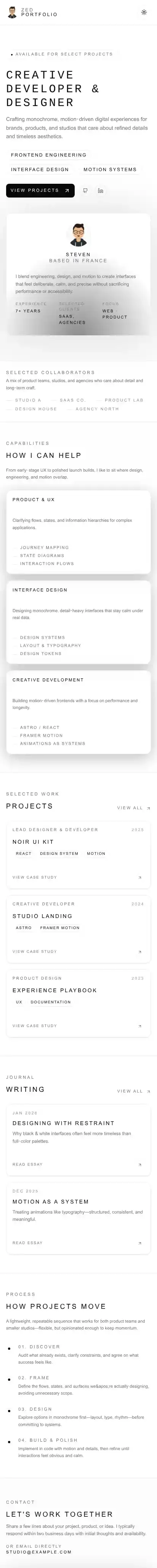 Monochrome Portfolio home page on mobile