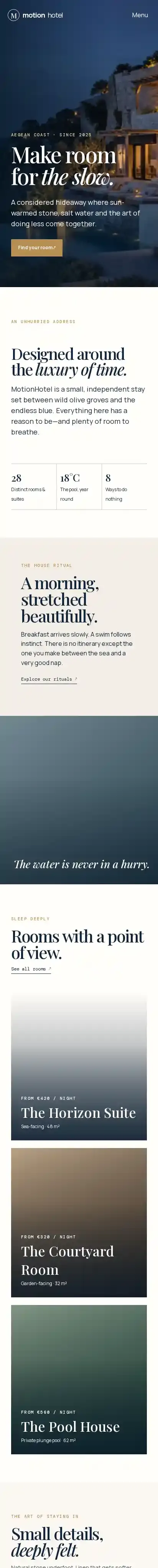 MotionHotel home page on mobile