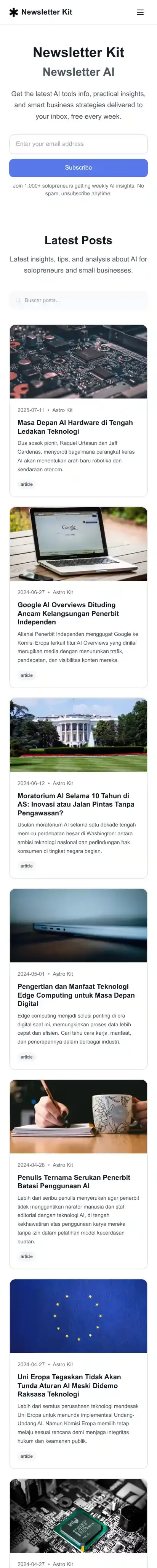 Newsletter Kit home page on mobile