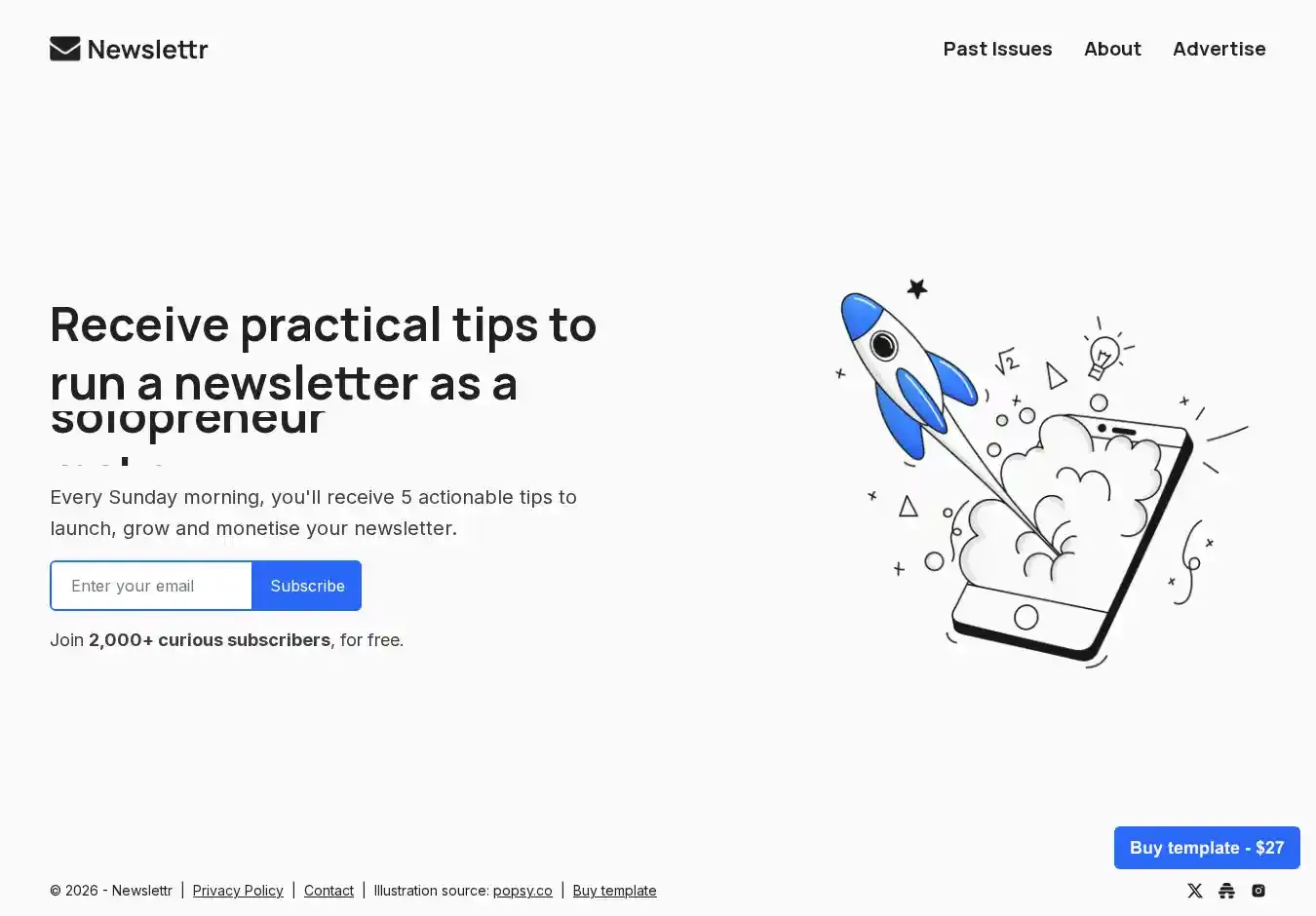 Newslettr home page on desktop