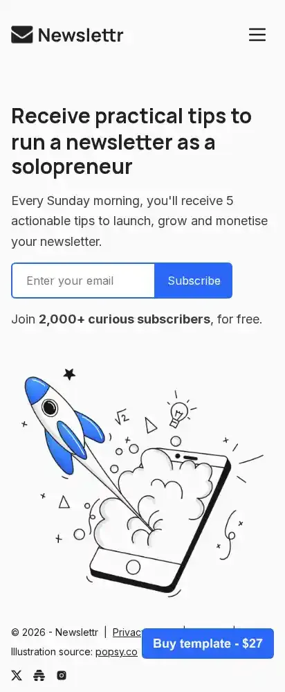 Newslettr home page on mobile