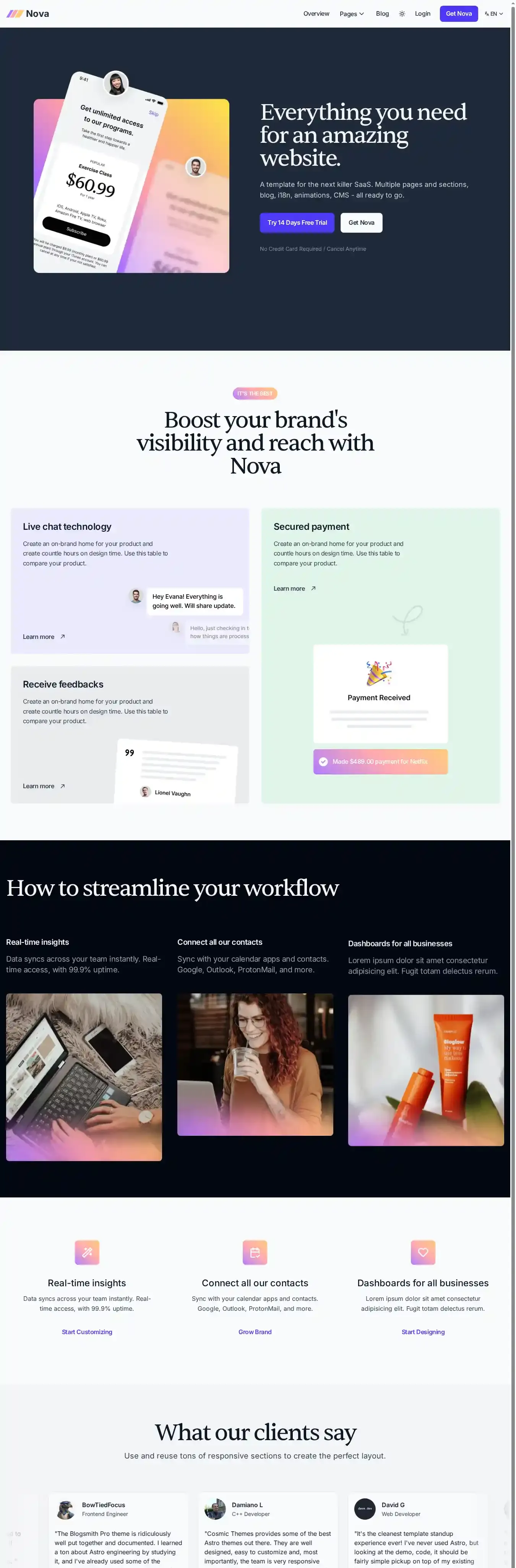 Nova home page on desktop