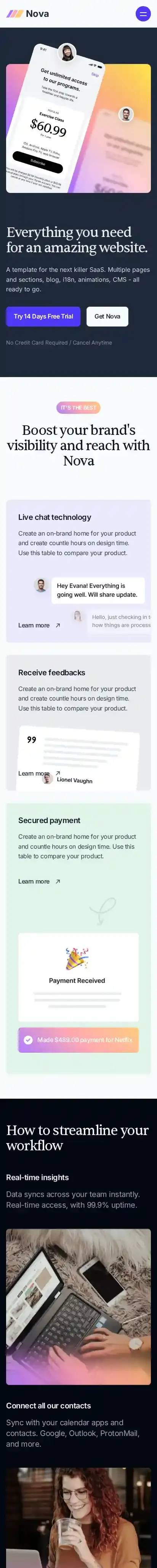 Nova home page on mobile