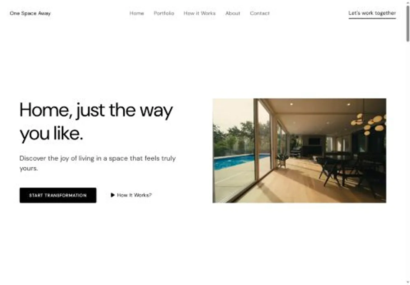 One Space Away home page on desktop