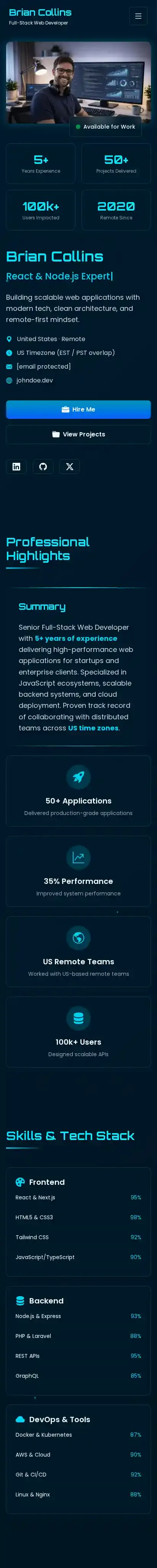 Onedev – One-Page Portfolio for Web Developers home page on mobile
